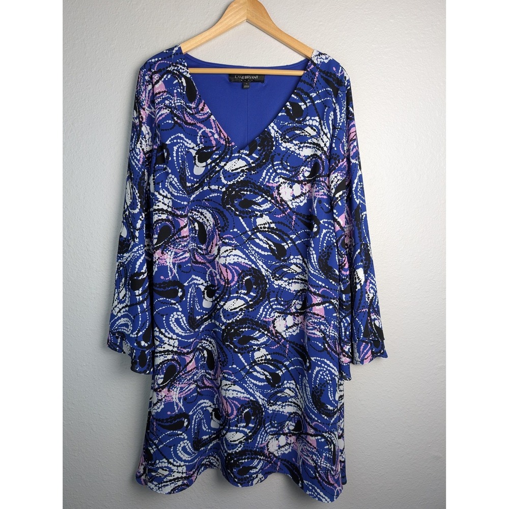 Lane Bryant Dress Womens 16 Blue Trapeze & Swing Knee Length V-Neck Bell Sleeve